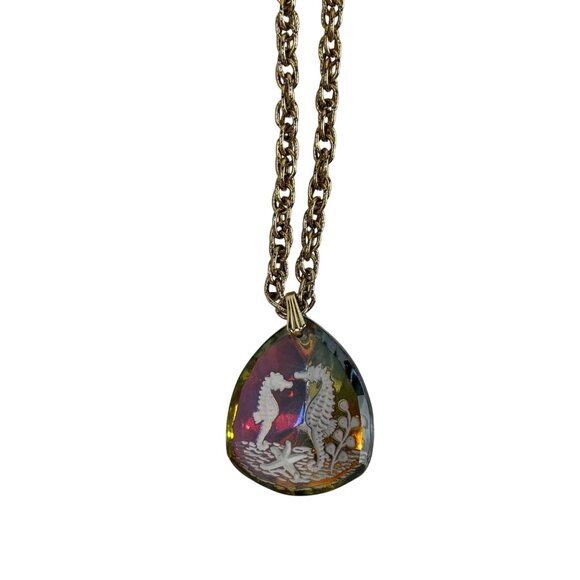 Vintage 70s Seahorse Necklace Rainbow Holographic Tropical Vacation Long Chain P - Picture 1 of 9